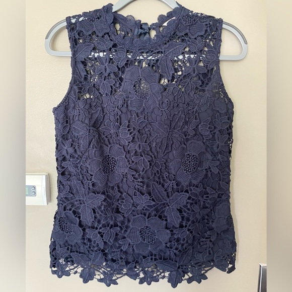 NANETTE LEPORE Dark Navy Blue Yolk Lace Crochet Sleeveless Tank Size Small - Picture 2 of 7